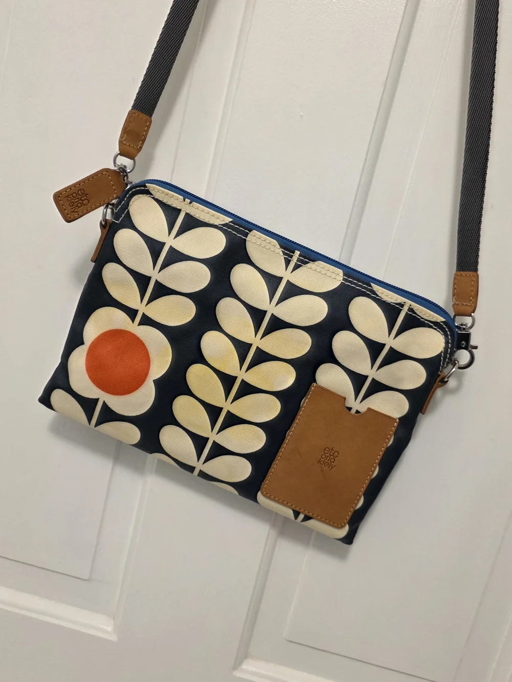 Orla Kiely Navy Crossbody/Clutch W/ Cream Stem Pattern & Orange Dot Lightweight